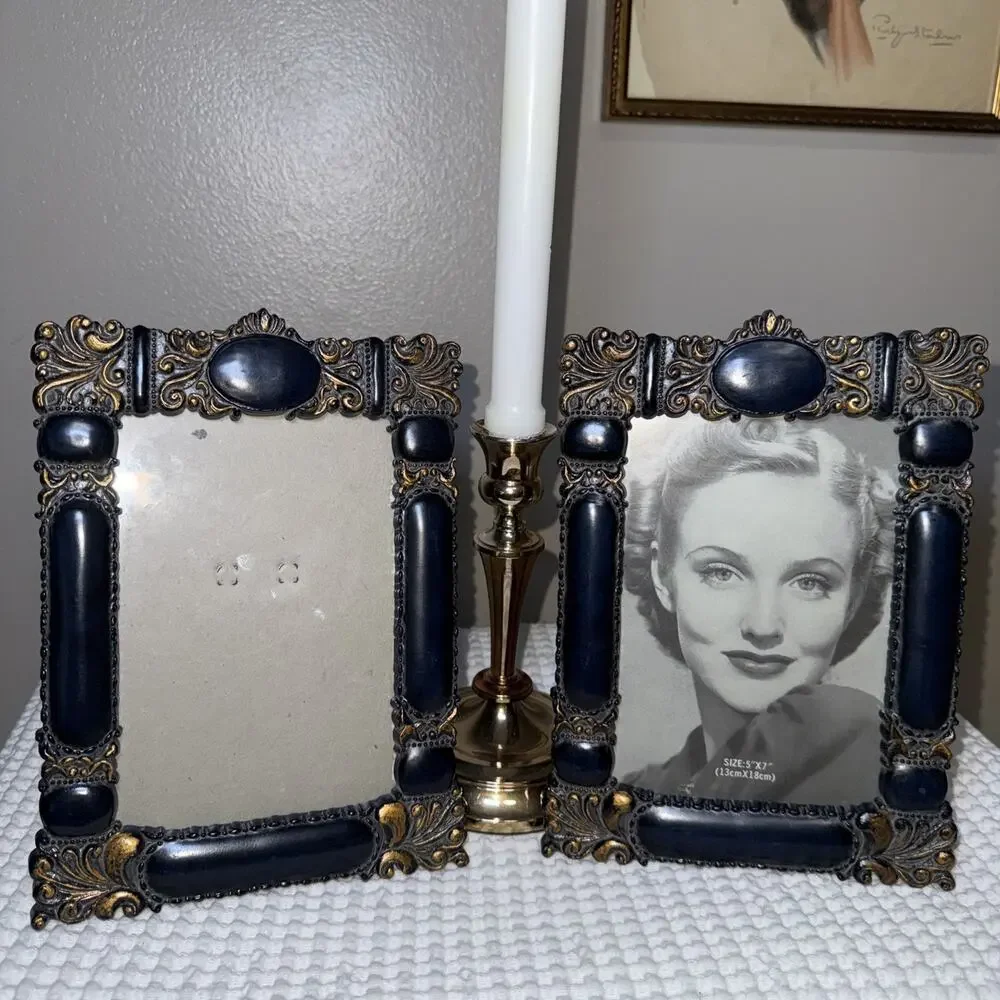 Vintage Hollywood Regency Navy Blue Gold 5x7 Picture Frames Set of 2 Ornate